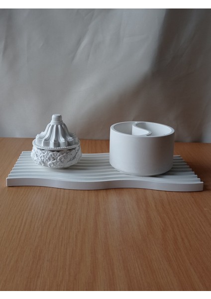 Dalgalı Beton Sunum Tepsisi, Lotus Çiçeği Saklama Kabı ve Yingyang Küçük Saksı 3'lü Set