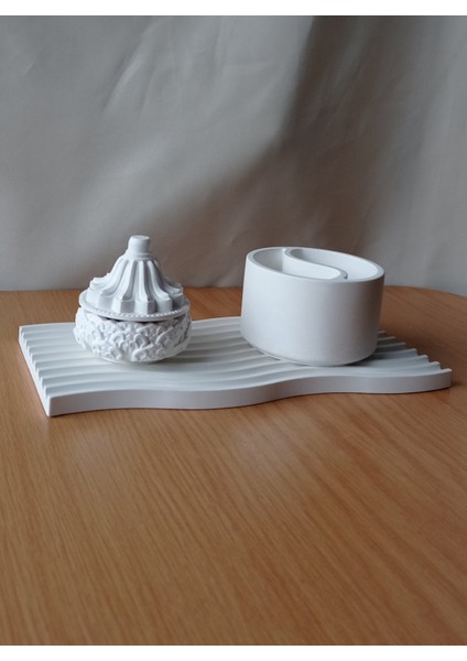 Dalgalı Beton Sunum Tepsisi, Lotus Çiçeği Saklama Kabı ve Yingyang Küçük Saksı 3'lü Set