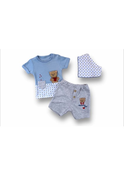 Romantik Ayıcık Nakışlı Bandajlı Kısa Kollu Sweatli 3lü Kız-Erkek Bebek Takımı Mavi