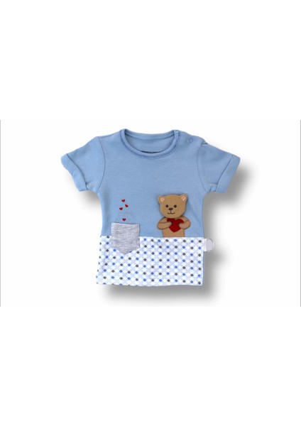 Romantik Ayıcık Nakışlı Bandajlı Kısa Kollu Sweatli 3lü Kız-Erkek Bebek Takımı Mavi