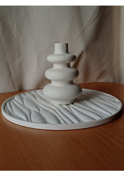 Dalgalı Beton Yuvarlak Büyük Tepsi & Büyük Dalgalı Vazo 2'li Set