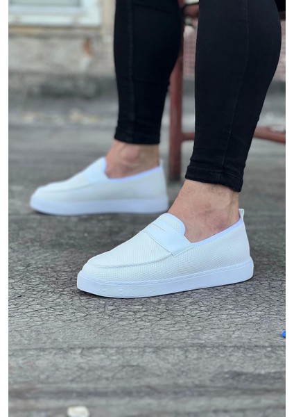 WG061 Bağcıksız Rahat Taban Beyaz Triko Babet Erkek Casual Ayakkabı