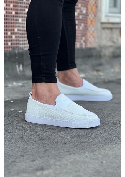 WG061 Bağcıksız Rahat Taban Beyaz Triko Babet Erkek Casual Ayakkabı