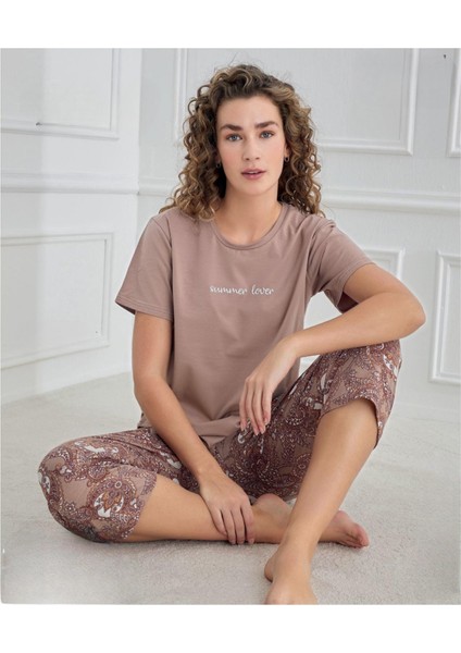 Kadın Bisiklet Yaka Compact Penye Likralı Kapri Kısa Kol Pijama Takımı 90753K - 1 Adet
