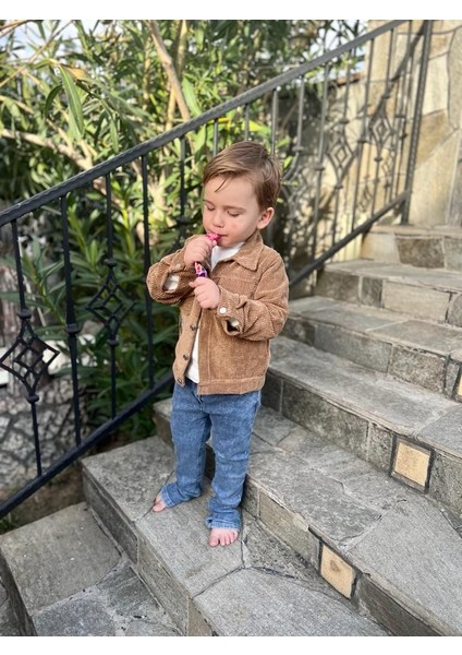 3-4-5 Yaş Fitilli Kadife Ceket Kot Pantolonlu 3lü Kız Erkek Çocuk Takımı modelleri