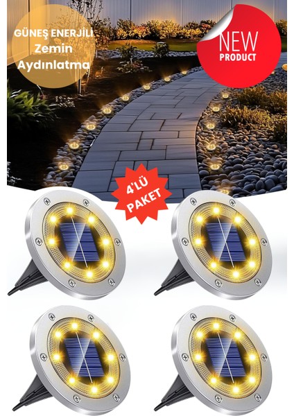 Solar 4ADET Yeni Model Zemin Bahçe Aydınlatma Güneş Enerjili Çelik Malzeme Sarı Işık