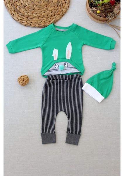 3-6 6-9 9-12 Ay Şımarık Tavşan Nakışlı Şapkalı Uzun Kollu Sweat 3lü Kız-Erkek Bebek Takımı