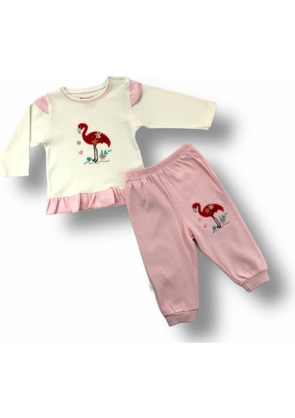 3-6 6-9 9-12 Ay Flamingo Nakışlı Uzun Kollu Sweatli 2li Kız Bebek Takımı