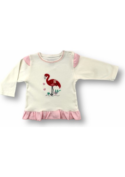 3-6 6-9 9-12 Ay Flamingo Nakışlı Uzun Kollu Sweatli 2li Kız Bebek Takımı