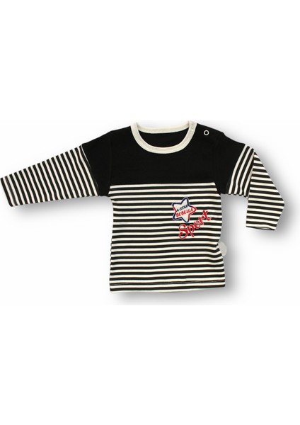 6-9 9-12 12-18 18-24 24-36 Ay Sport Baskılı Çizgili Uzun Kollu Sweatli 2li Erkek Bebek Takımı