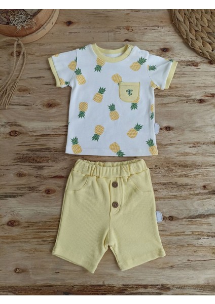 3-6 6-9 9-12 Ay Ananas Baskılı Şort Tişört 2 Li Kız Erkek Bebek Takımı