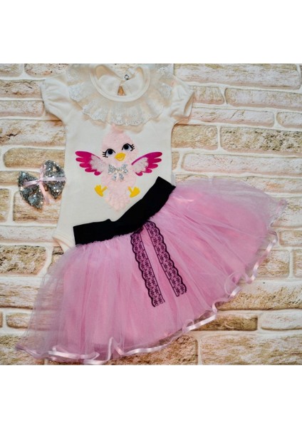 9-12-18 Ay Toka Hediyeli Kuş Desenli Tişört Tütü Etek 2li Kız Bebek Takımı