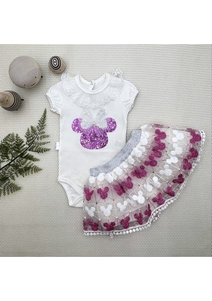 1-2-3 Yaş Payetli Mickey Nakışlı Kısa Kollu Brode Etekli 2li Kız Bebek Takımı