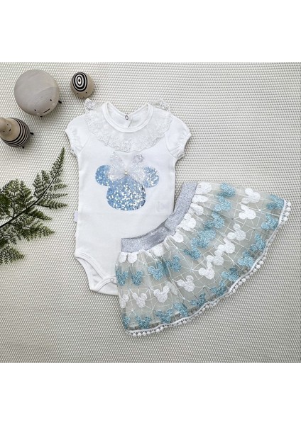 1-2-3 Yaş Payetli Mickey Nakışlı Kısa Kollu Brode Etekli 2li Kız Bebek Takımı