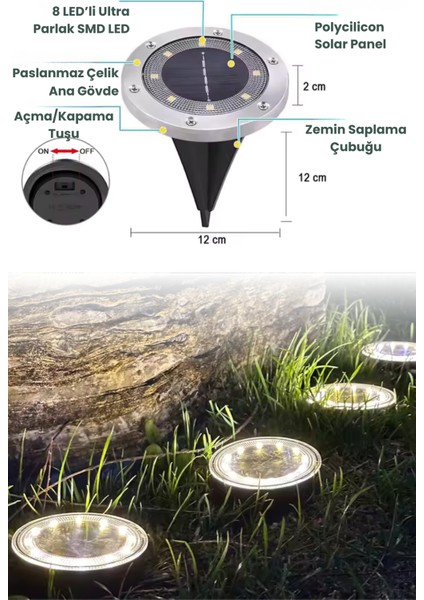 1ADET Güneş Enerjili Ultra Parlak Smd 8led Çim Zemin Bahçe Aydınlatma Paslanmaz Çelik Abs