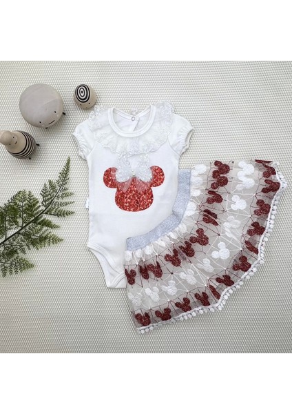 Petli Mickey Nakışlıkısa Kollu Brode Etekli 2li Kız Bebek Takımı Kırmızı