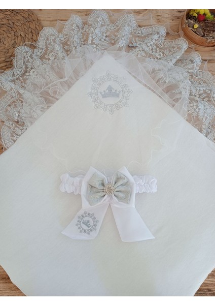 Yenidoğan Titi Taç Nakışlı Plazma Taşlı Güpürlü Çift Fiyonk Duvaklı Trilüks Kundak Bebek Battaniyesi modelleri