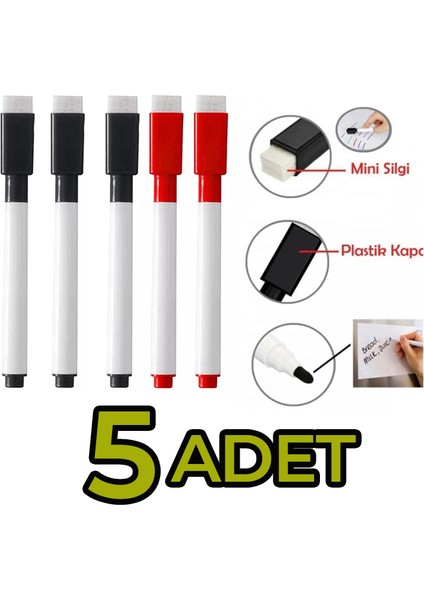 5 Adet Yaz Sil Kalem Siyah Kırmızı Set