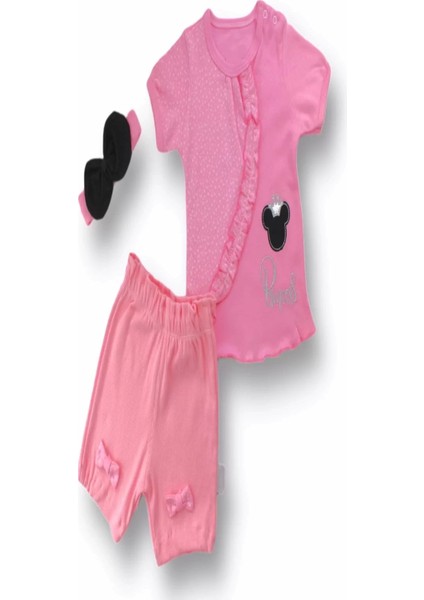 Princess Taçlı Mickey Nakışlı Şort Tişört 3lü Kız Bebek Takımı Pembe
