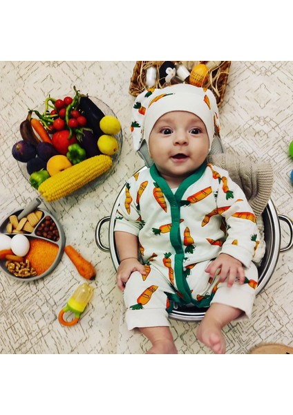 3-6-9-12 Ay Kulaklı Şapkalı Havuç Baskılı Boydan Çıtçıtlı Uzun Kollu Kız Erkek Bebek Tulumu fiyatları