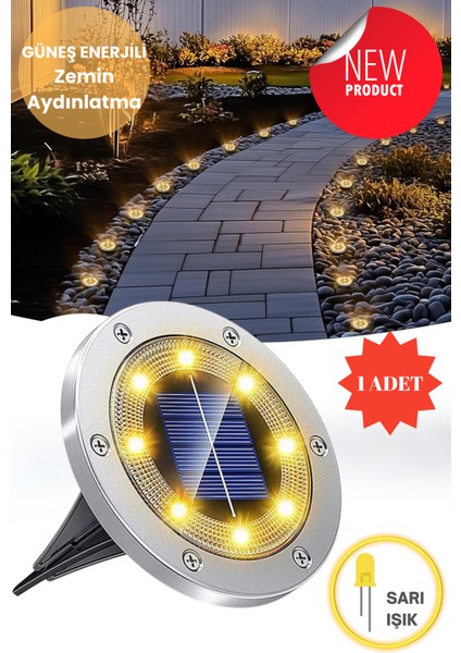 Solar 1ADET Yeni Model Zemin Bahçe Aydınlatma Güneş Enerjili Çelik Malzeme Sarı Işık