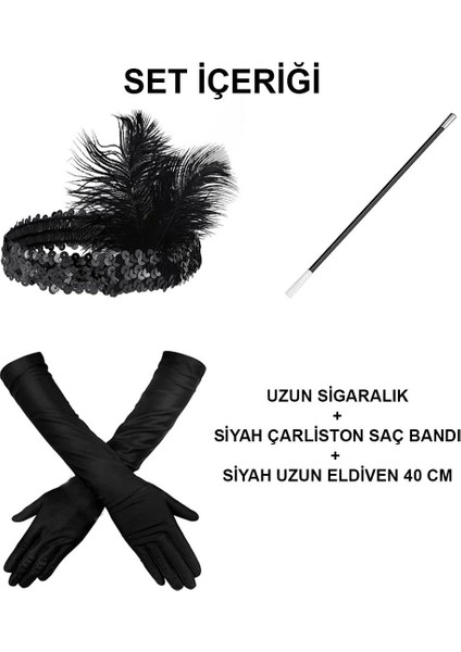 1920&#39;LER Gatsby Aksesuar Seti – Siyah Charleston Saç Bandı, Uzun Eldiven & Sigaralık