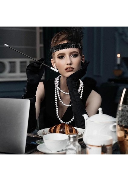 1920&#39;LER Gatsby Aksesuar Seti – Siyah Charleston Saç Bandı, Uzun Eldiven & Sigaralık