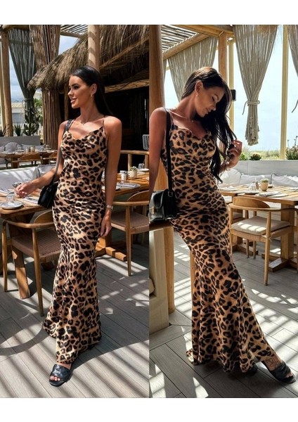 Kadın Saten Kumaş Leopar Desenli Uzun Askılı Elbise
