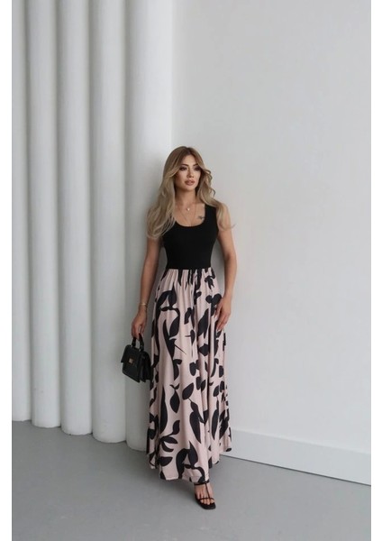 Kadın Askılı Yuvarlak Yaka Üst Viskon Alt Desenli Uzun Süprem Elbise fiyatları