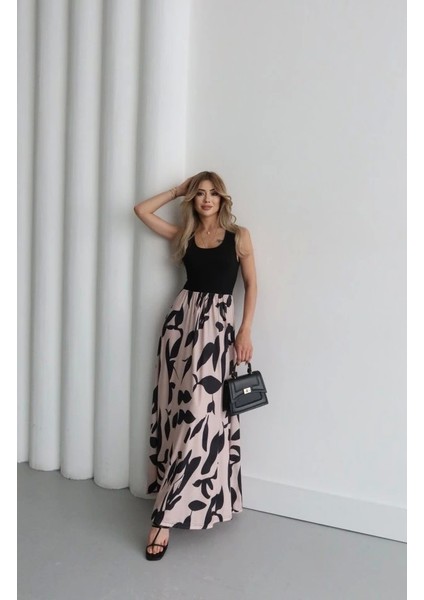 Kadın Askılı Yuvarlak Yaka Üst Viskon Alt Desenli Uzun Süprem Elbise indirimleri