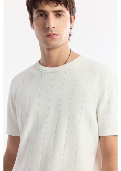 Erkek Ekru Bisiklet Yaka Boyuna Ajurlu Triko T-shirt A51Y5023