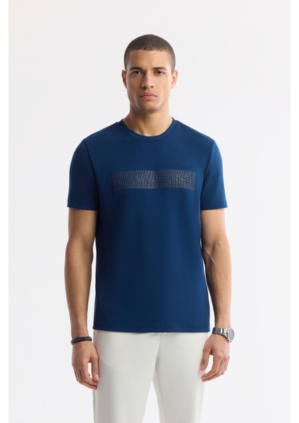 Erkek Petrol Mavi Bisiklet Yaka Bi-Stretch İnterlok Regular Fit T-Shirt A51Y1021