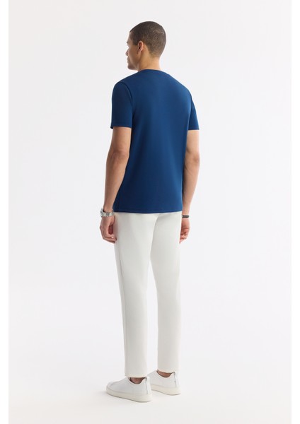 Erkek Petrol Mavi Bisiklet Yaka Bi-Stretch İnterlok Regular Fit T-Shirt A51Y1021 fırsatları