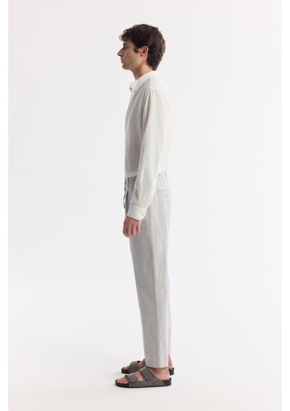 Erkek Gri Beli Lastikli Bağcıklı Ketenli Pamuk Dokulu Korıkos Chino Pantolon B003036