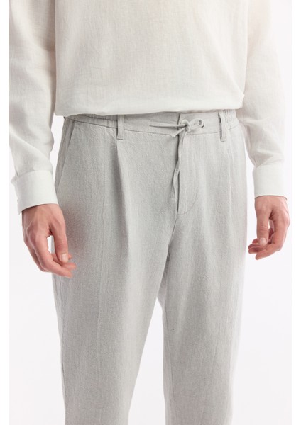 Erkek Gri Beli Lastikli Bağcıklı Ketenli Pamuk Dokulu Korıkos Chino Pantolon B003036