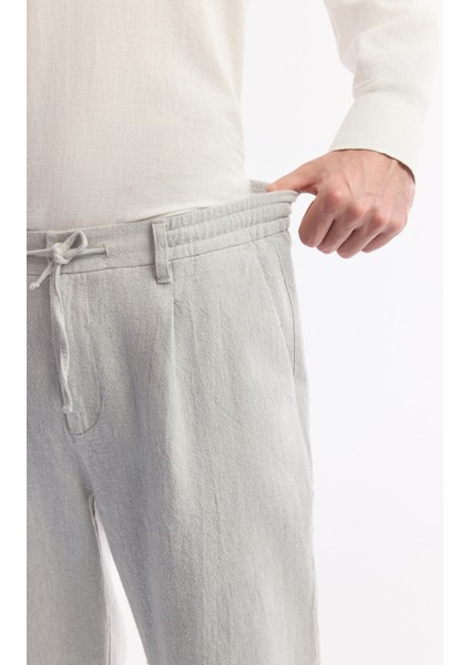 Erkek Gri Beli Lastikli Bağcıklı Ketenli Pamuk Dokulu Korıkos Chino Pantolon B003036