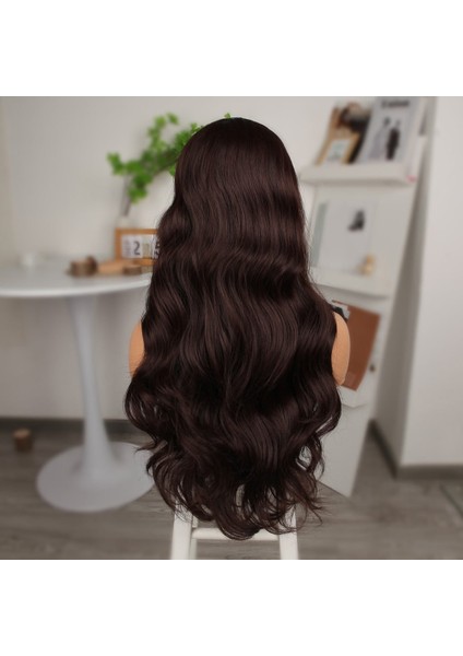 Kahve Karamel Fiber Sentetik Geniş Dalgalı Tül Peruk Yeni