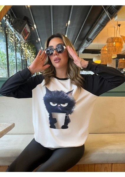 Kadın Uzun Kollu Bisiklet Yaka Kedi Baskılı Şardonlu Dalgıç Bluz