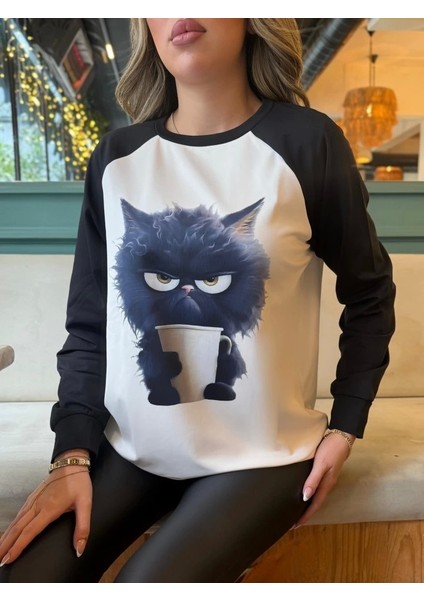 Kadın Uzun Kollu Bisiklet Yaka Kedi Baskılı Şardonlu Dalgıç Bluz