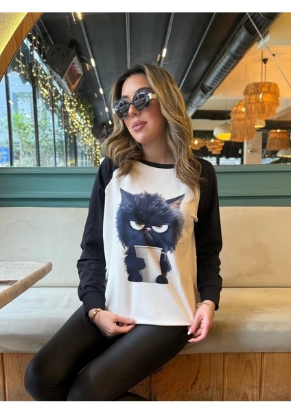 Kadın Uzun Kollu Bisiklet Yaka Kedi Baskılı Şardonlu Dalgıç Bluz