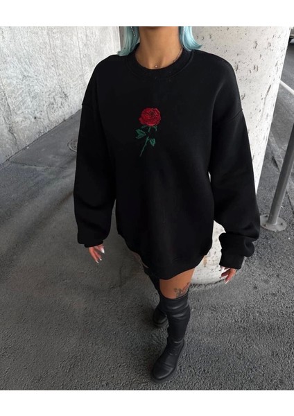 Oversize Üç Iplik Bisiklet Yaka Baskılı Sweatshirt