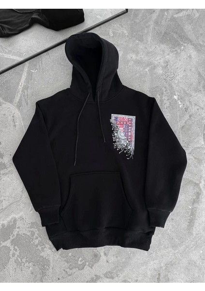 Uzun Kol Kapşonlu Ön ve Arka Baskılı Sweatshirt
