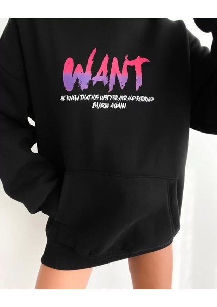 Baskılı Üç Iplik Kapüşonlu Oversize Sweatshirt