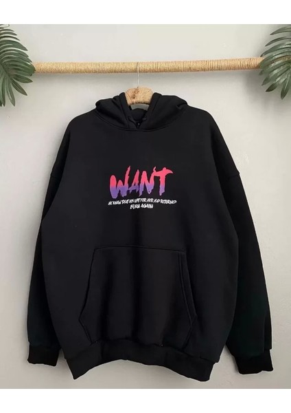 Baskılı Üç Iplik Kapüşonlu Oversize Sweatshirt