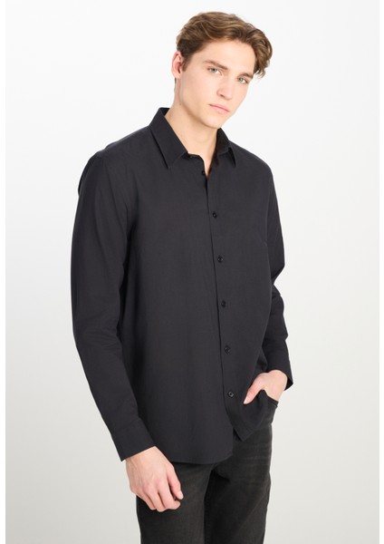 %100 Pamuk Regular Fit Normal Kesim Uzun Kollu Siyah Gömlek