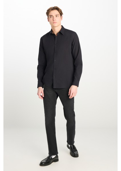 %100 Pamuk Regular Fit Normal Kesim Uzun Kollu Siyah Gömlek modelleri