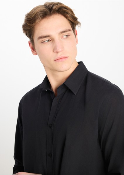 %100 Pamuk Regular Fit Normal Kesim Uzun Kollu Siyah Gömlek fırsatları