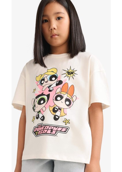 Kız Çocuk PowerPuff Girls Oversize Geniş Kalıp Bisiklet Yaka Kısa Kollu Tişört E6512A825HS
