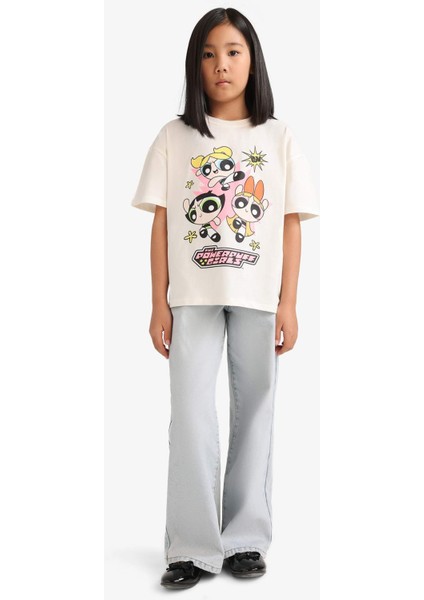 Kız Çocuk PowerPuff Girls Oversize Geniş Kalıp Bisiklet Yaka Kısa Kollu Tişört E6512A825HS