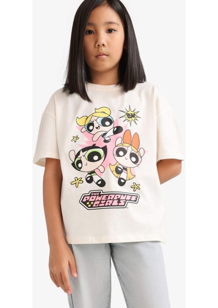 Kız Çocuk PowerPuff Girls Oversize Geniş Kalıp Bisiklet Yaka Kısa Kollu Tişört E6512A825HS